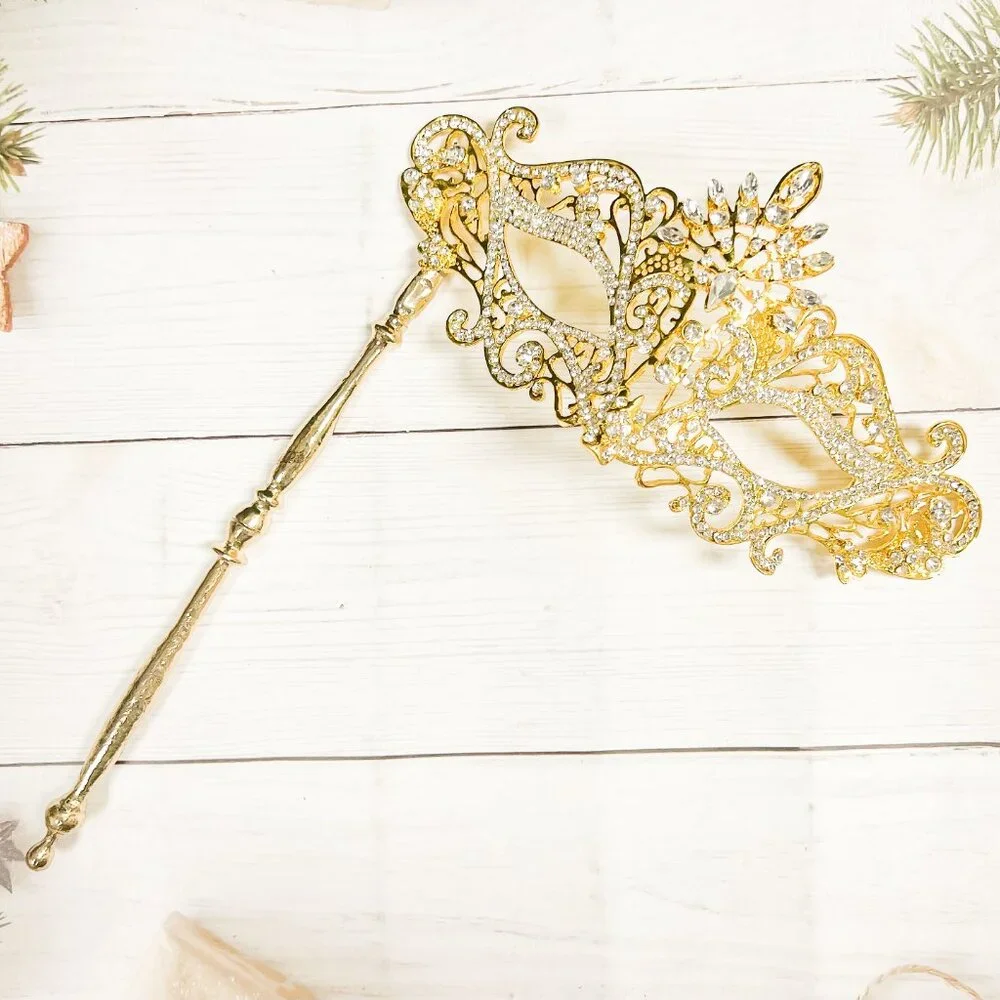 Clear Crystal Masquerade Mask with Stick, Gold Masquerade Mask, Wedding Party - Picture 2 of 6